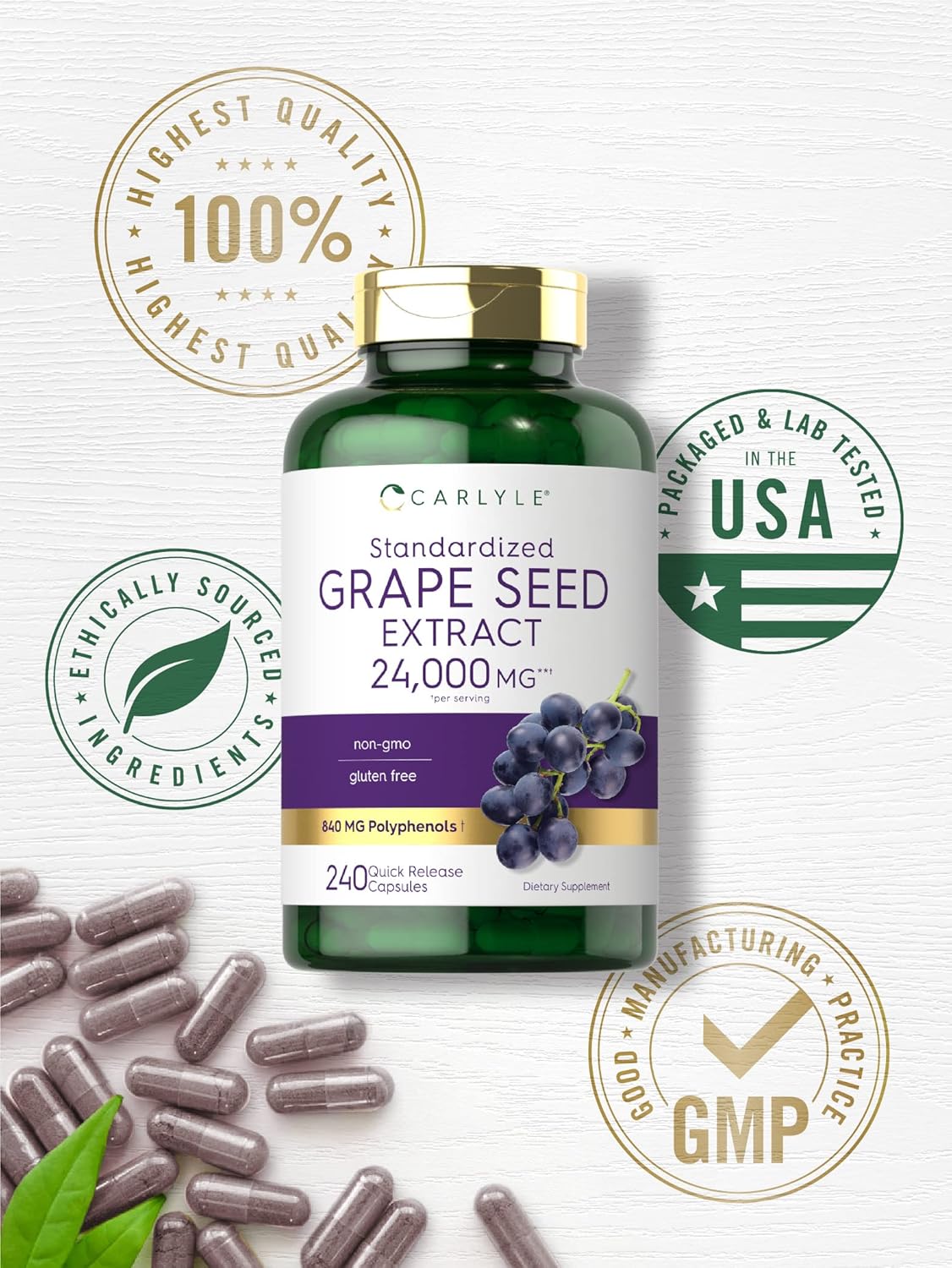 240 Capsules of Carlyle Grape Seed Extract 24,000 mg Equivalent | Powerful Standardized Extract | Non-GMO, Gluten Free | Maximum Strength Formula