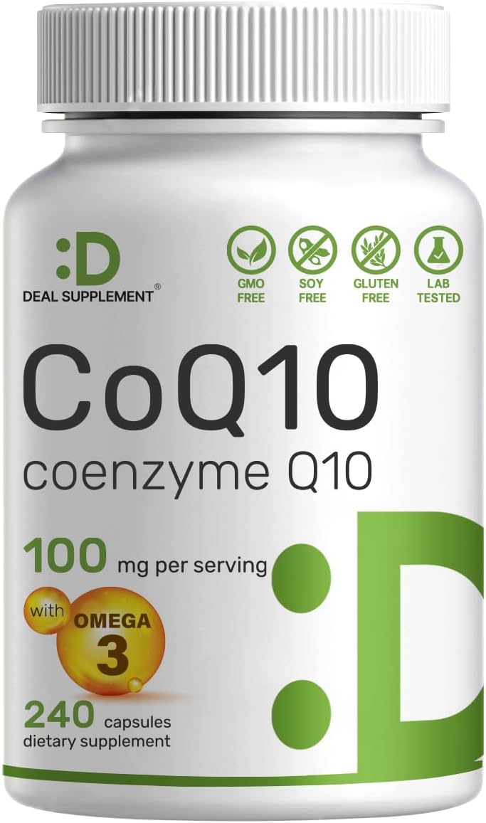 240 Capsules of CoQ10 & Omega 3 Fatty Acid Supplement for Heart, Energy, Brain Health - Bioavailable Antioxidant Support - Non-GMO Formula
