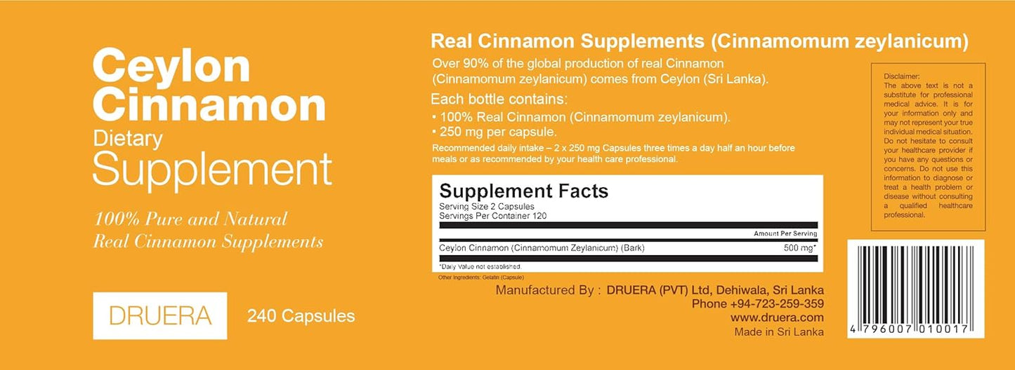 240 Capsules of DRUERA Ceylon Cinnamon Supplements - 250mg per Capsule - 100% Pure Ceylon Cinnamon