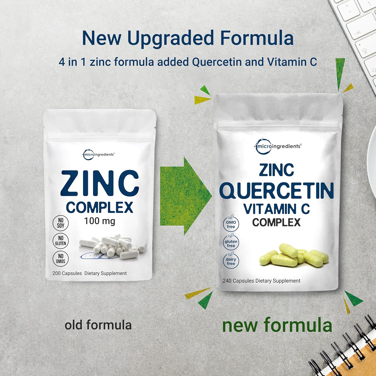 240 Capsules of Micro Ingredients Quercetin, Vitamin C, and Zinc | Immune Support Formula with Quercetin 500mg, Vitamin C 500mg, Zinc 50mg | Complete Immune Boosting Supplements