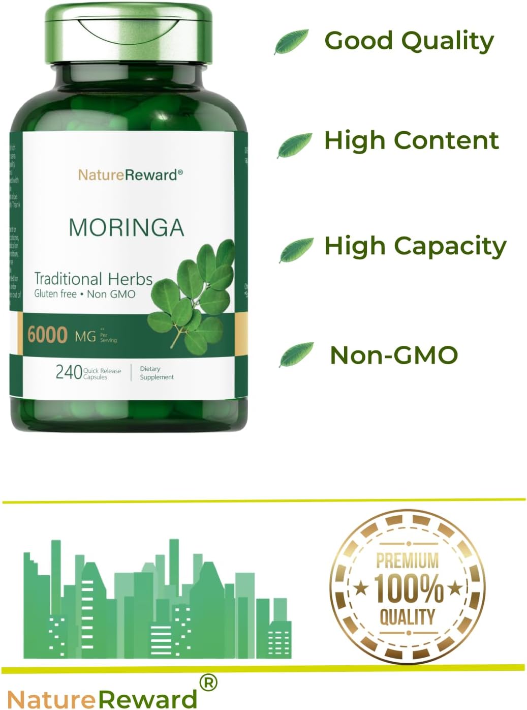 240 Capsules of Non-GMO Moringa Oleifera Supplement - Gluten Free Green Superfood from Moringa Leaf Powder