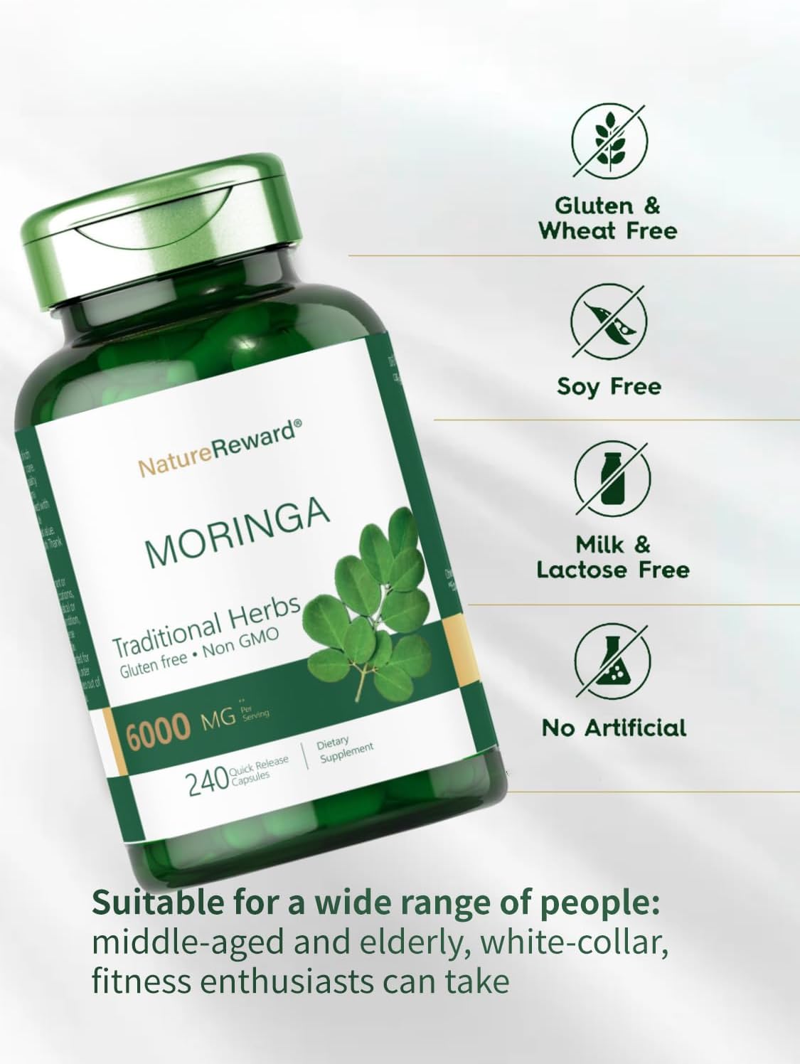 240 Capsules of Non-GMO Moringa Oleifera Supplement - Gluten Free Green Superfood from Moringa Leaf Powder