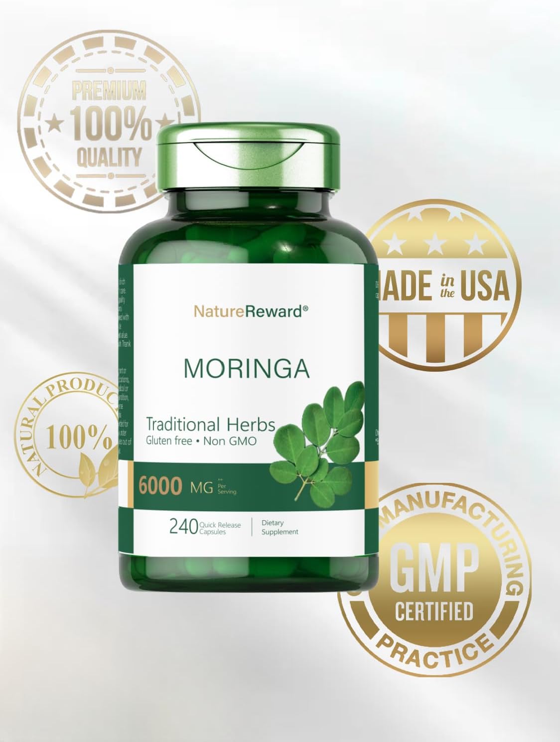 240 Capsules of Non-GMO Moringa Oleifera Supplement - Gluten Free Green Superfood from Moringa Leaf Powder
