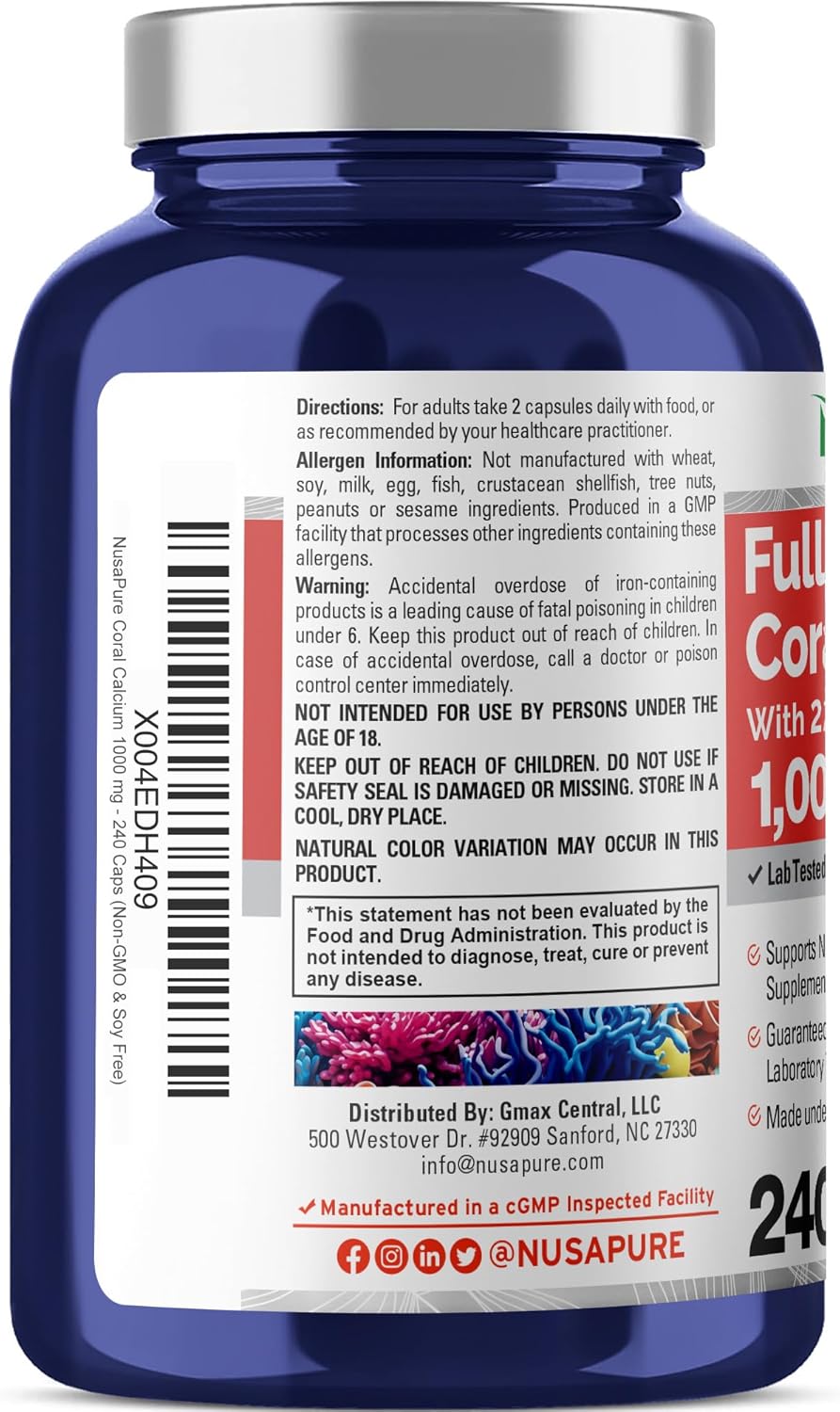 240 Capsules of NusaPure Coral Calcium 1000 mg (Non-GMO & Soy Free) - Dietary Supplement for Bone Health
