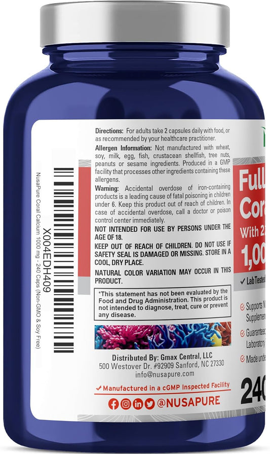 240 Capsules of NusaPure Coral Calcium 1000 mg (Non-GMO & Soy Free) - Dietary Supplement for Bone Health