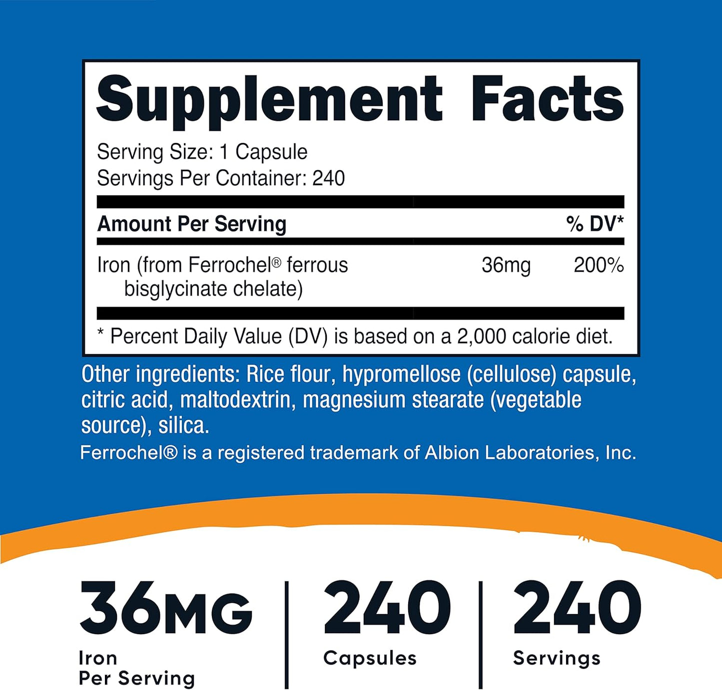 240 Capsules of Nutricost Chelated Iron (Ferrochel) 36mg - Pack of 2 Bottles
