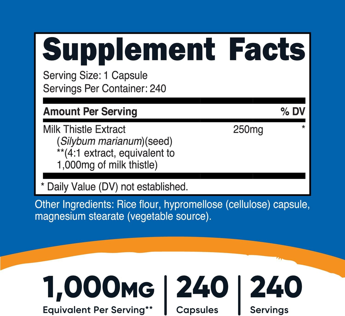 240 Capsules of Nutricost Milk Thistle 1,000mg Equivalent - Vegan, Non-GMO, Gluten Free - 4:1 Extract (250mg)