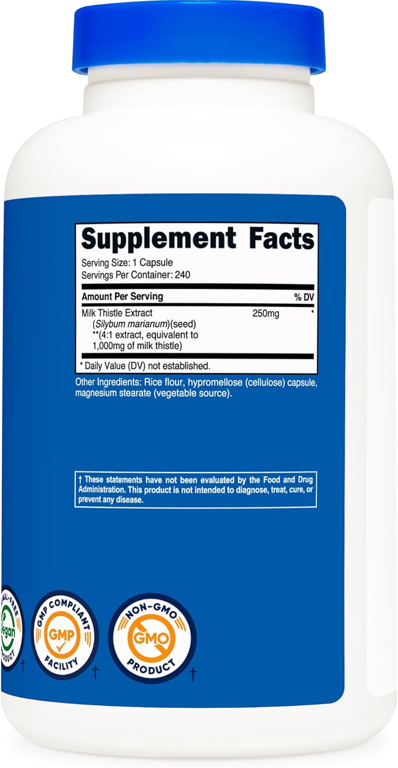 240 Capsules of Nutricost Milk Thistle 1,000mg Equivalent - Vegan, Non-GMO, Gluten Free - 4:1 Extract (250mg)