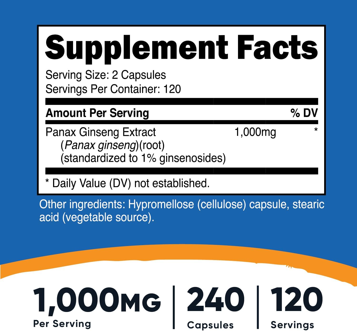 240 Capsules of Nutricost Panax Ginseng 1000mg (2 Bottles) - Non-GMO, Gluten-Free, 120 Servings