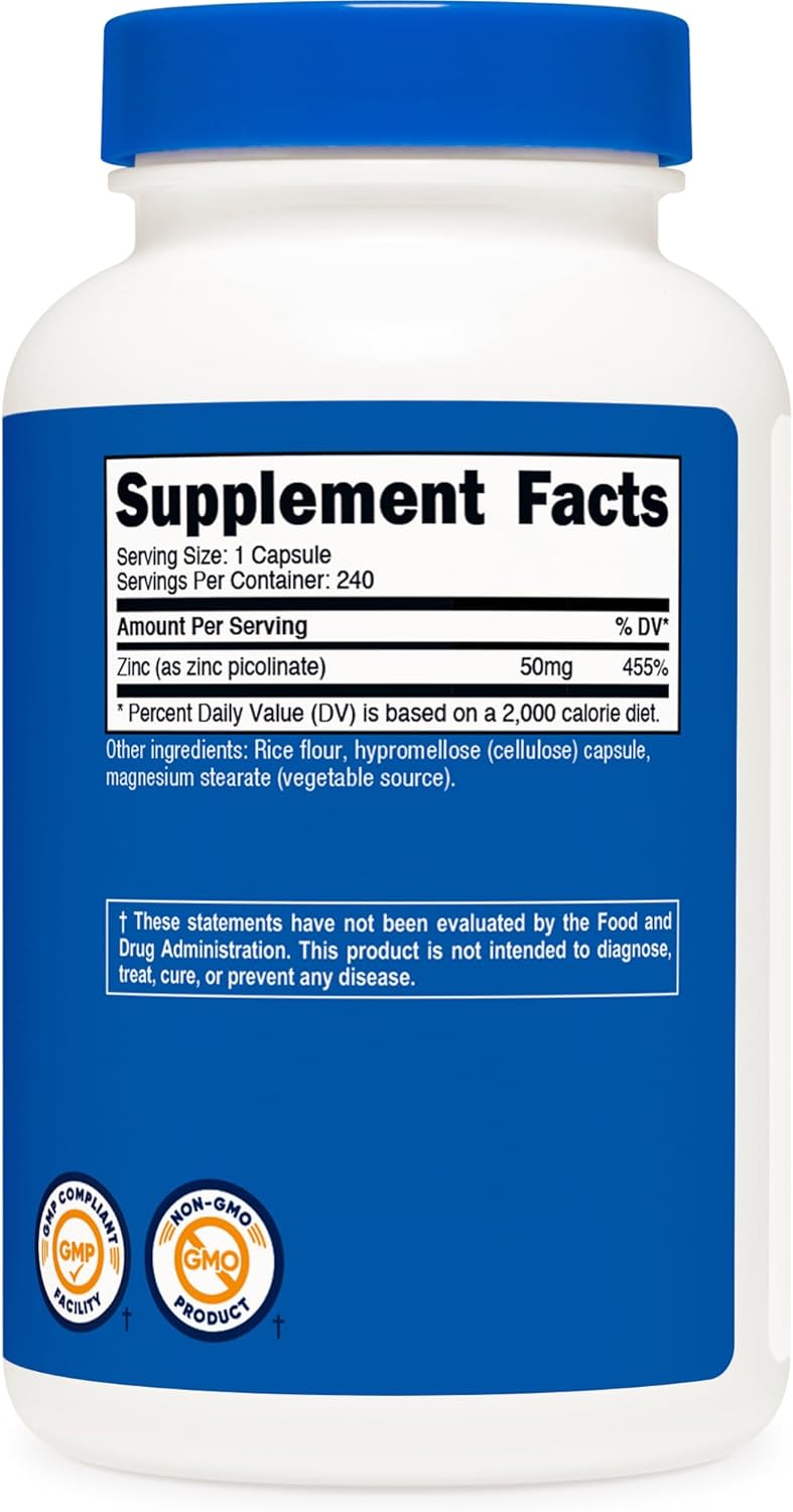240 Capsules of Nutricost Zinc Picolinate 50mg - Vegetarian, Gluten Free, Non-GMO