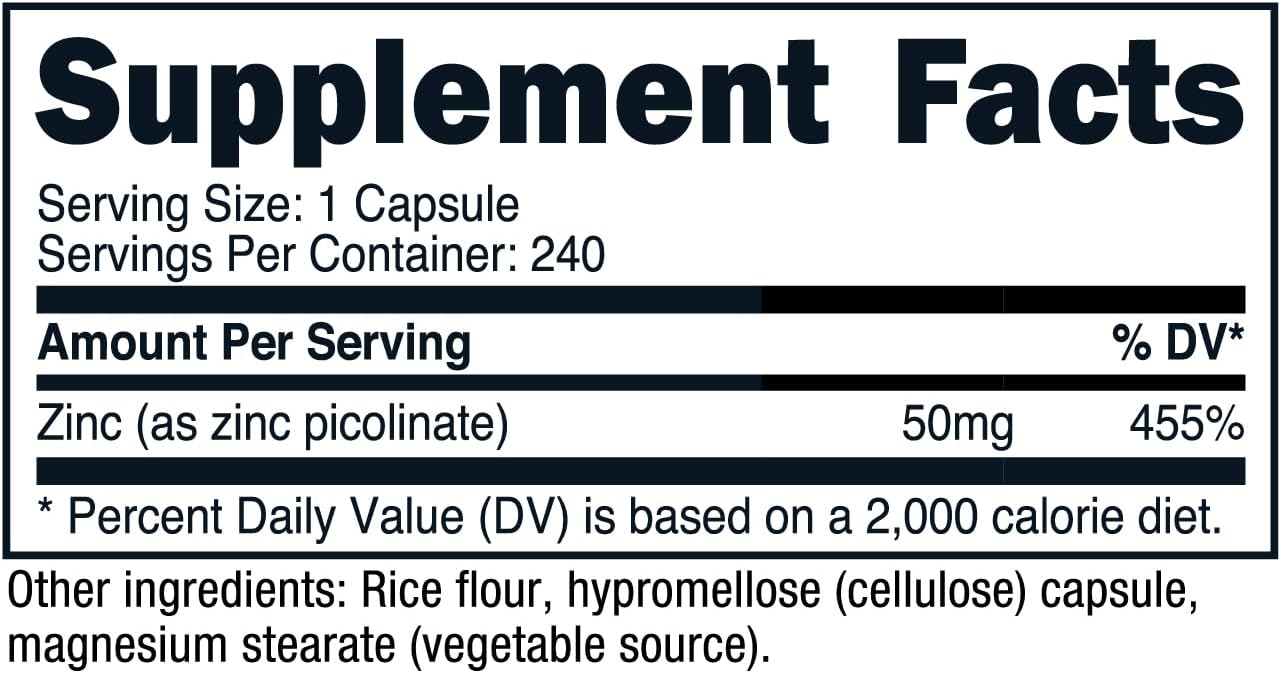 240 Capsules of Nutricost Zinc Picolinate 50mg - Vegetarian, Gluten Free, Non-GMO