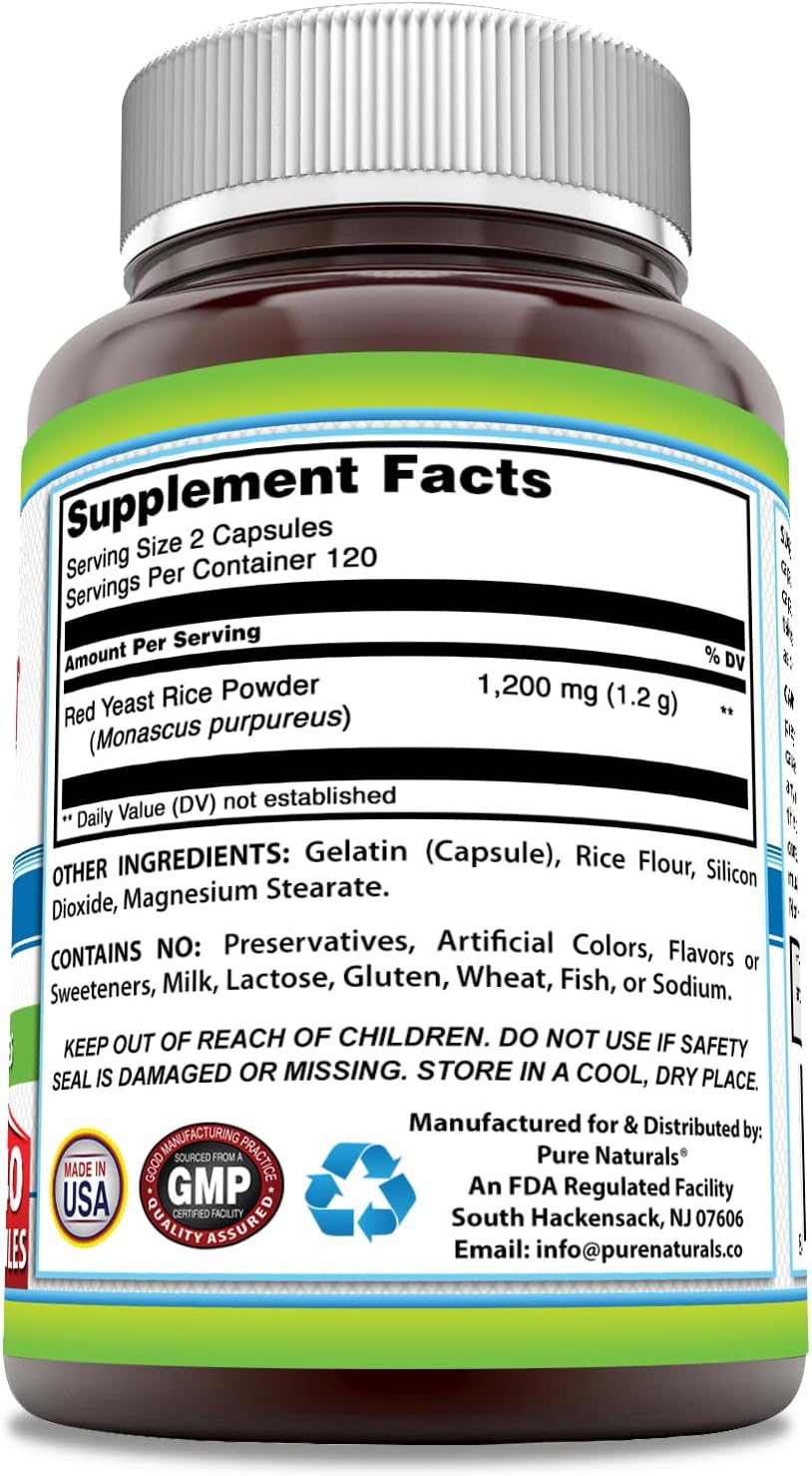 240 Capsules of Pure Naturals Red Yeast Rice Supplement - 1200 Mg per Serving | Non-GMO | Gluten Free | USA Made