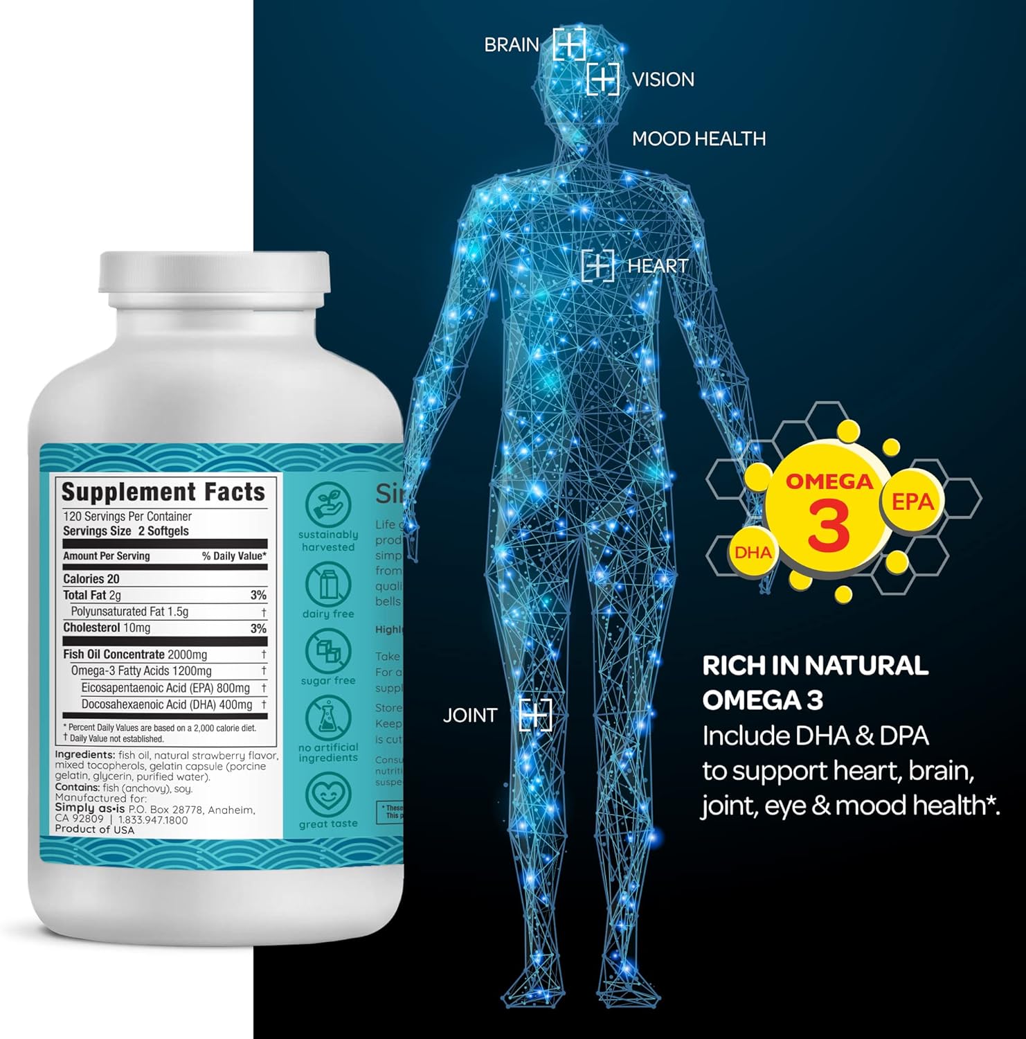 240 Count AS-IS Simply Extra-Strength Omega-3 Fish Oil Softgels with 1200mg EPA + DHA for Heart, Joint & Brain Health