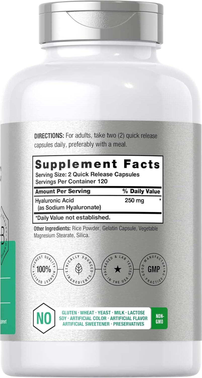 240 Count Horbäach Hyaluronic Acid Capsules - 250 mg, Non-GMO & Gluten Free Supplement