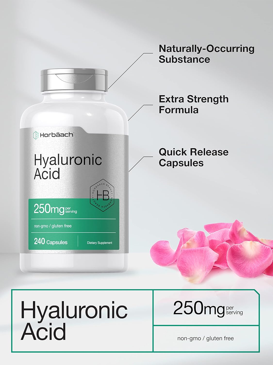 240 Count Horbäach Hyaluronic Acid Capsules - 250 mg, Non-GMO & Gluten Free Supplement