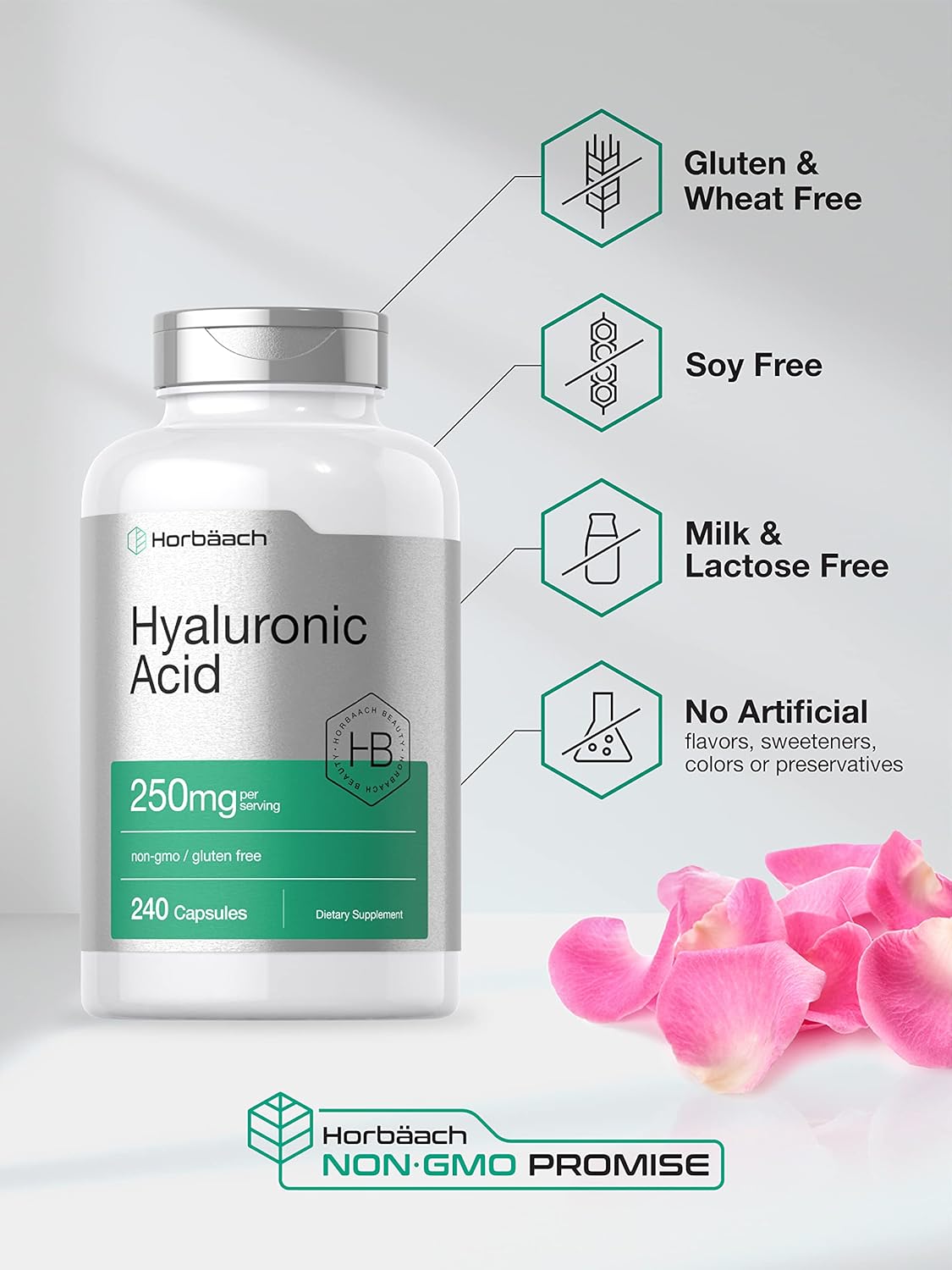 240 Count Horbäach Hyaluronic Acid Capsules - 250 mg, Non-GMO & Gluten Free Supplement
