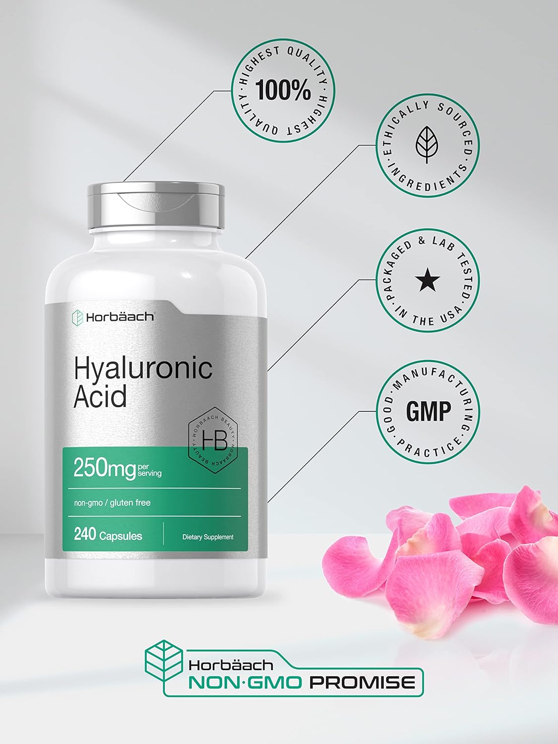 240 Count Horbäach Hyaluronic Acid Capsules - 250 mg, Non-GMO & Gluten Free Supplement