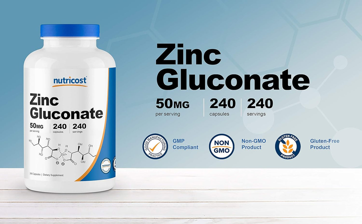 240 Count Nutricost Zinc Gluconate Veggie Capsules (50mg) - Pack of 2, Gluten Free, Non-GMO