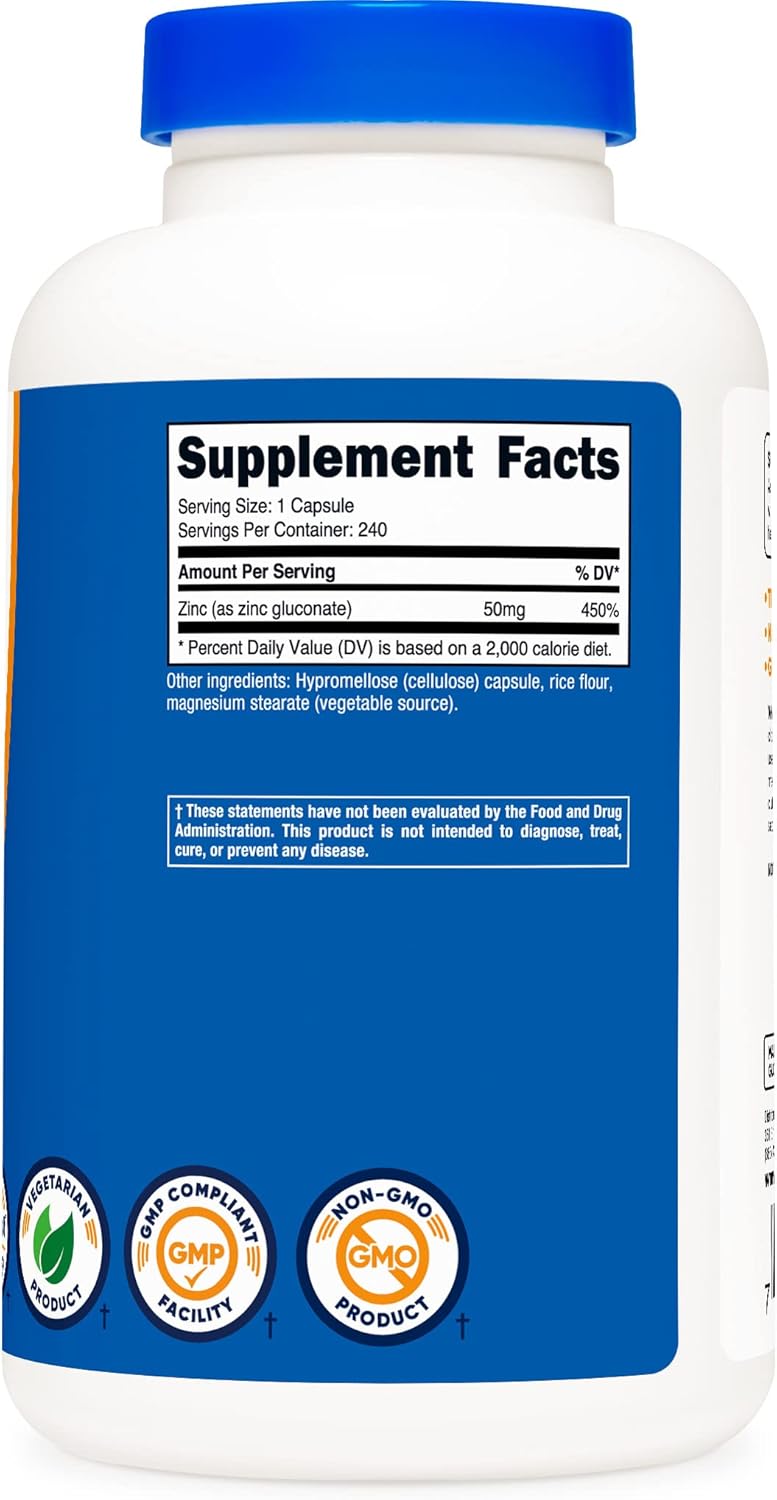 240 Count Nutricost Zinc Gluconate Veggie Capsules (50mg) - Pack of 2, Gluten Free, Non-GMO