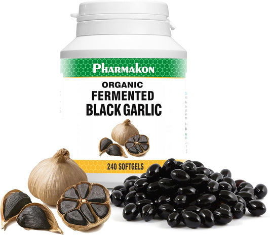 240 Count PHARMAKON Organic Aged Black Garlic Soft Capsules - High Bioavailability, Low Odor, Nutritious
