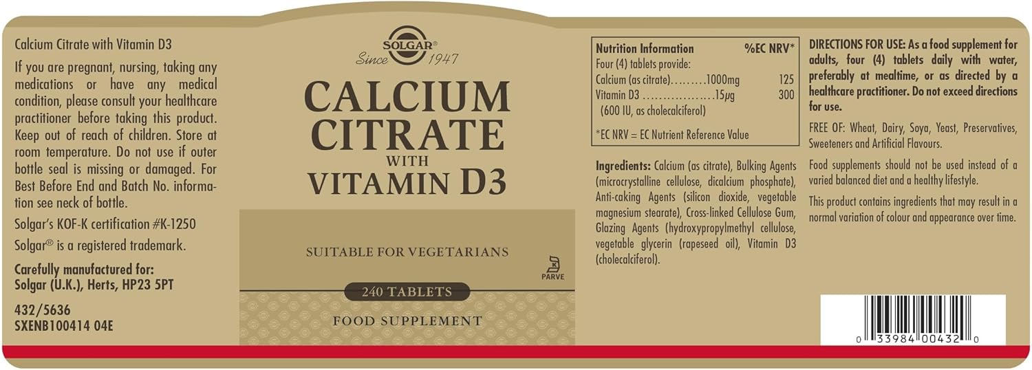 240 Count Solgar Calcium Citrate Tablets with Vitamin D3 for Bone Health