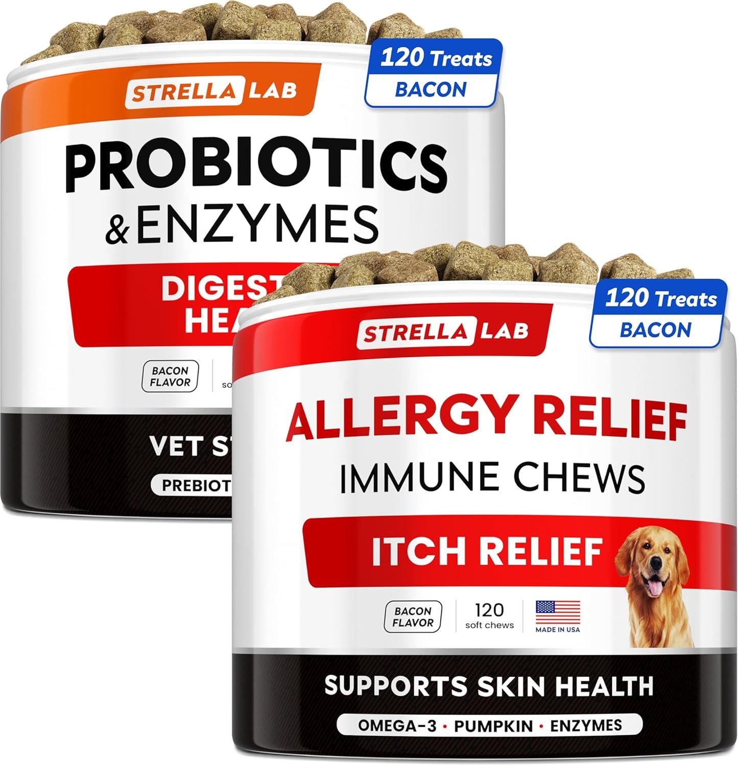 240 ct Strellalab Vet Strength Probiotics & Allergy Relief Bundle for Dogs - Chewable Fiber & Itchy Skin Treatment with Digestive Enzymes, Pumpkin, Upset Stomach & Hotspot Relief - Made in USA