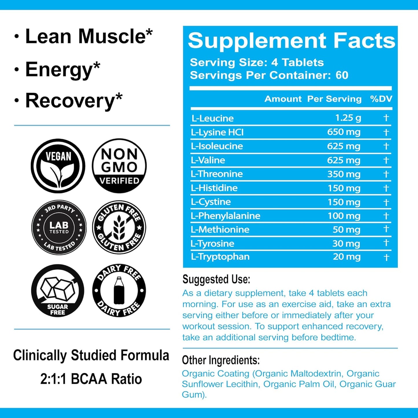 240 Easy-to-Swallow Amino Acid Tablets with Essential BCAAs - Boost Energy & Muscle Growth - Vegan & Non-GMO - Ultimate Amino Complex Supplement