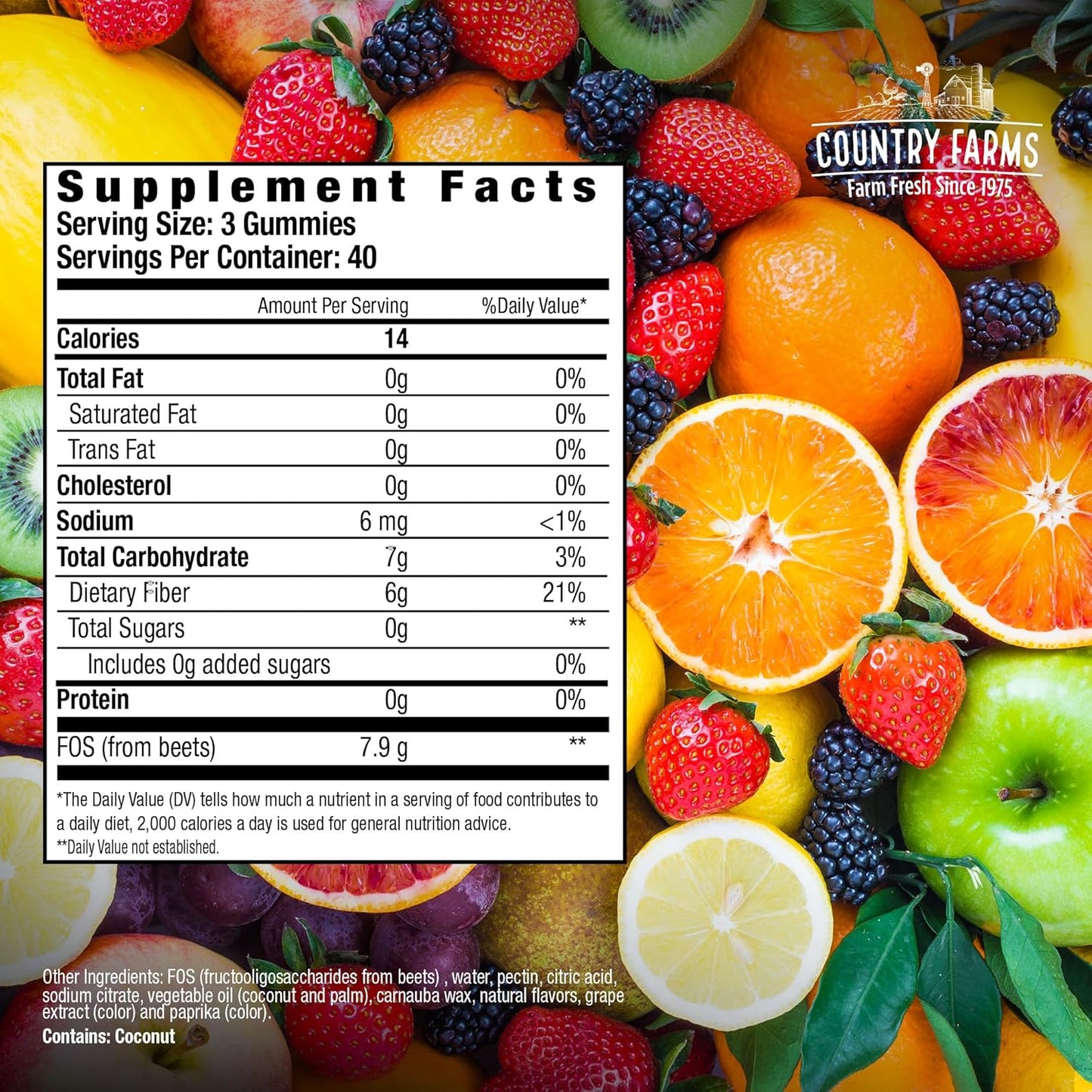 240 Mixed Fruit Prebiotic Fiber Gummies for Digestive Health - 80 Servings, 6g Fiber, FOS from Beets, Supports Regularity - 2 Pack of COUNTRY FARMS