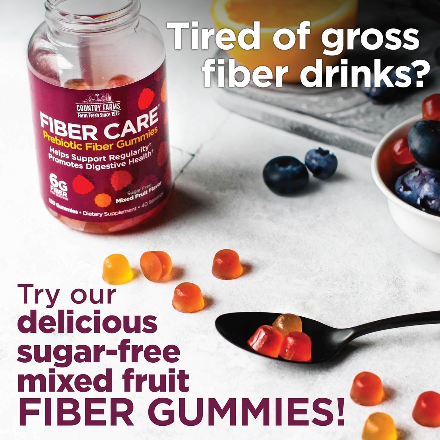 240 Mixed Fruit Prebiotic Fiber Gummies for Digestive Health - 80 Servings, 6g Fiber, FOS from Beets, Supports Regularity - 2 Pack of COUNTRY FARMS