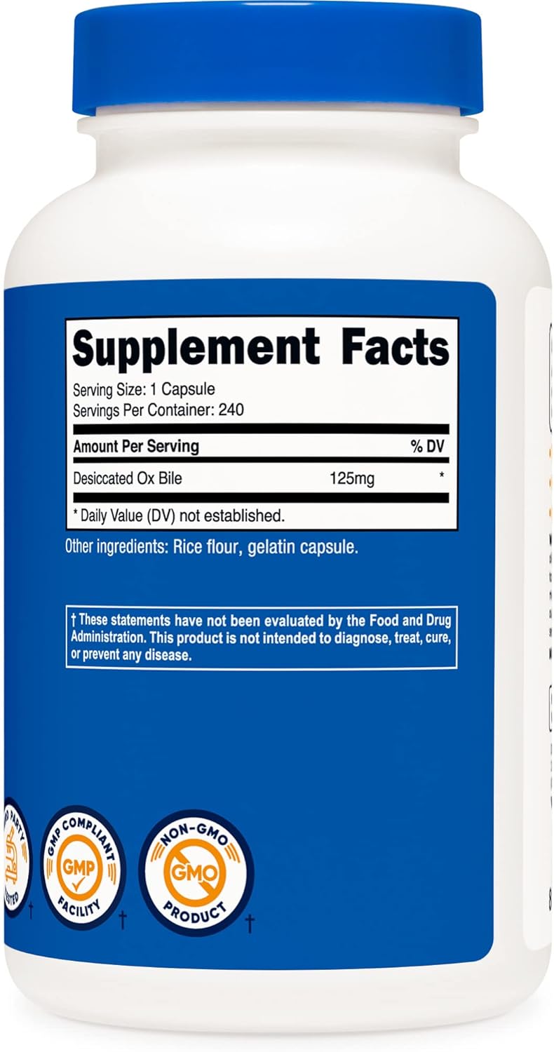 240 Non-GMO 125mg Ox Bile Capsules by Nutricost