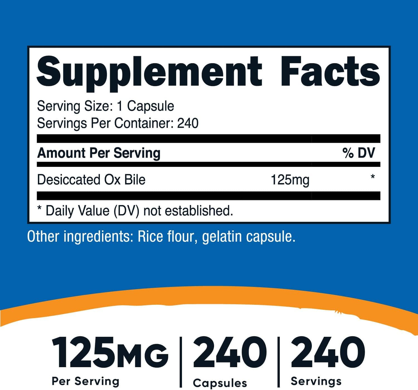 240 Non-GMO 125mg Ox Bile Capsules by Nutricost