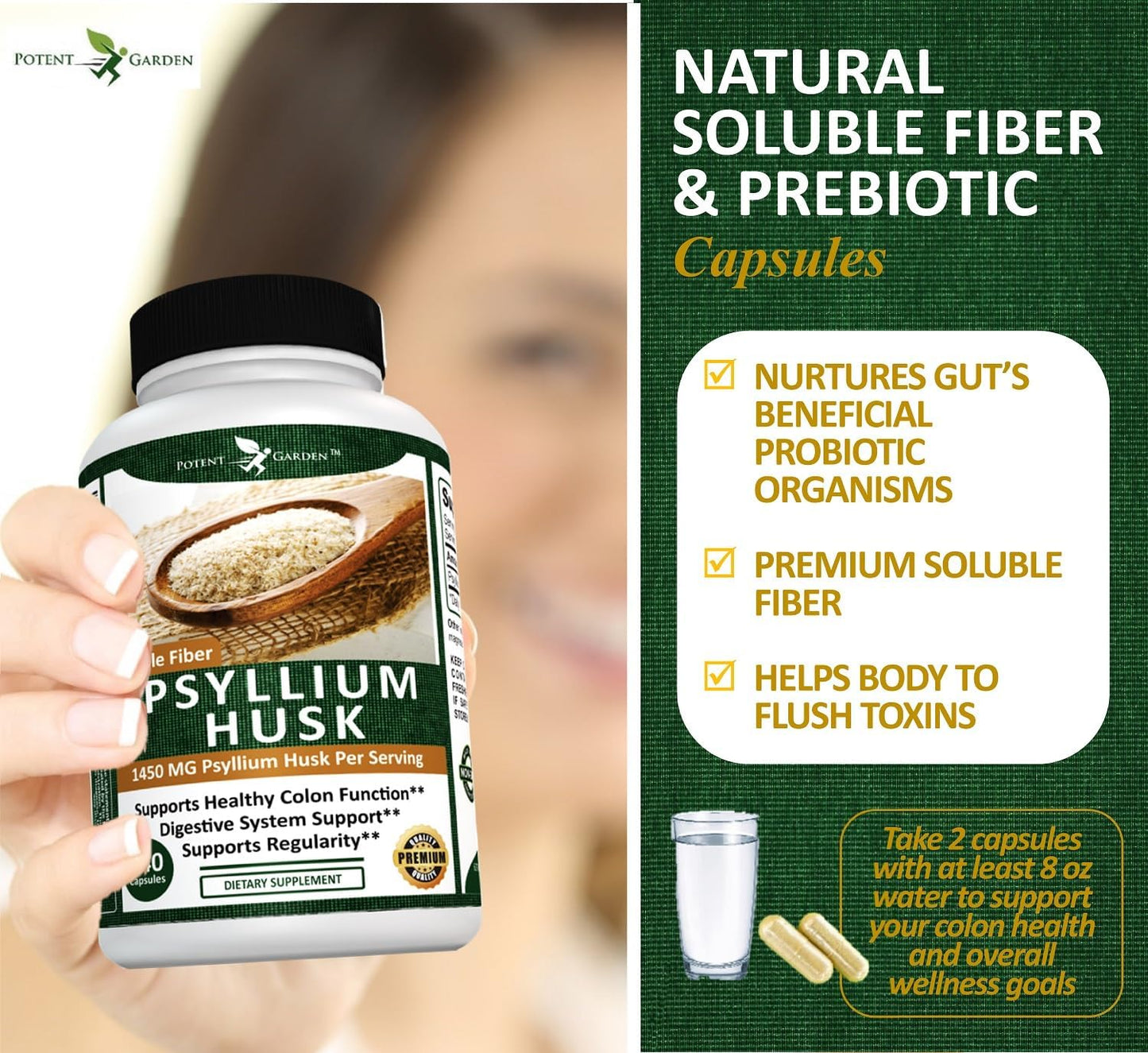 240 Potent Garden Psyllium Husk Capsules - Natural Soluble Fiber Supplement for Digestion & Regularity