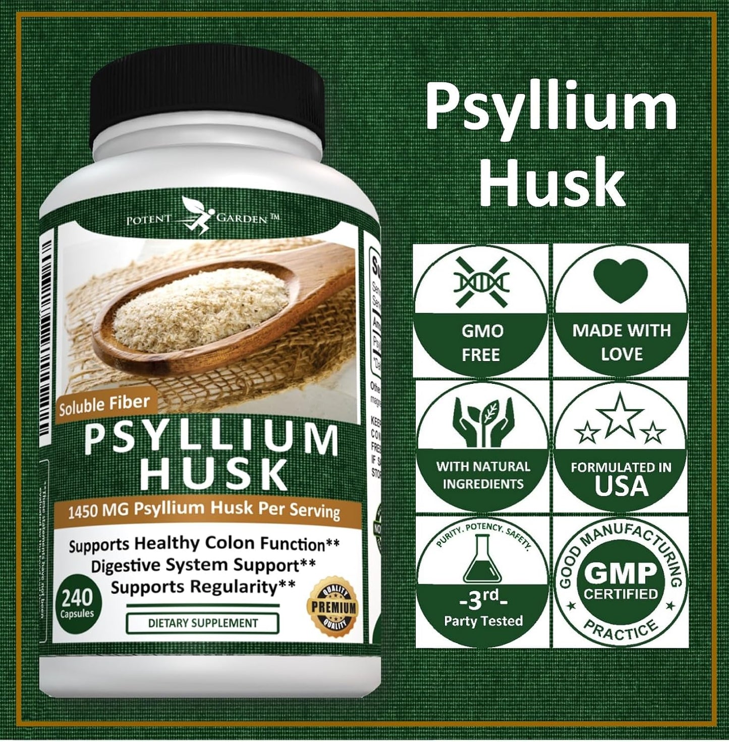 240 Potent Garden Psyllium Husk Capsules - Natural Soluble Fiber Supplement for Digestion & Regularity