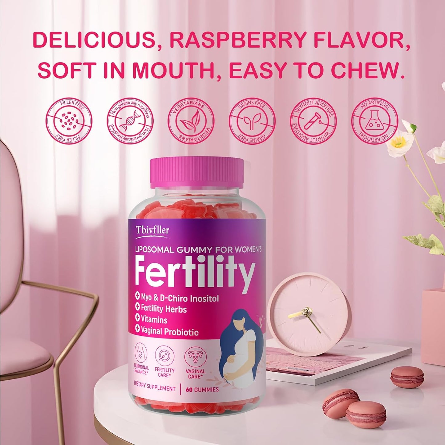 240 Raspberry Prenatal Gummies with Myo-Inositol & D-Chiro Inositol for Hormonal Balance & Fertility