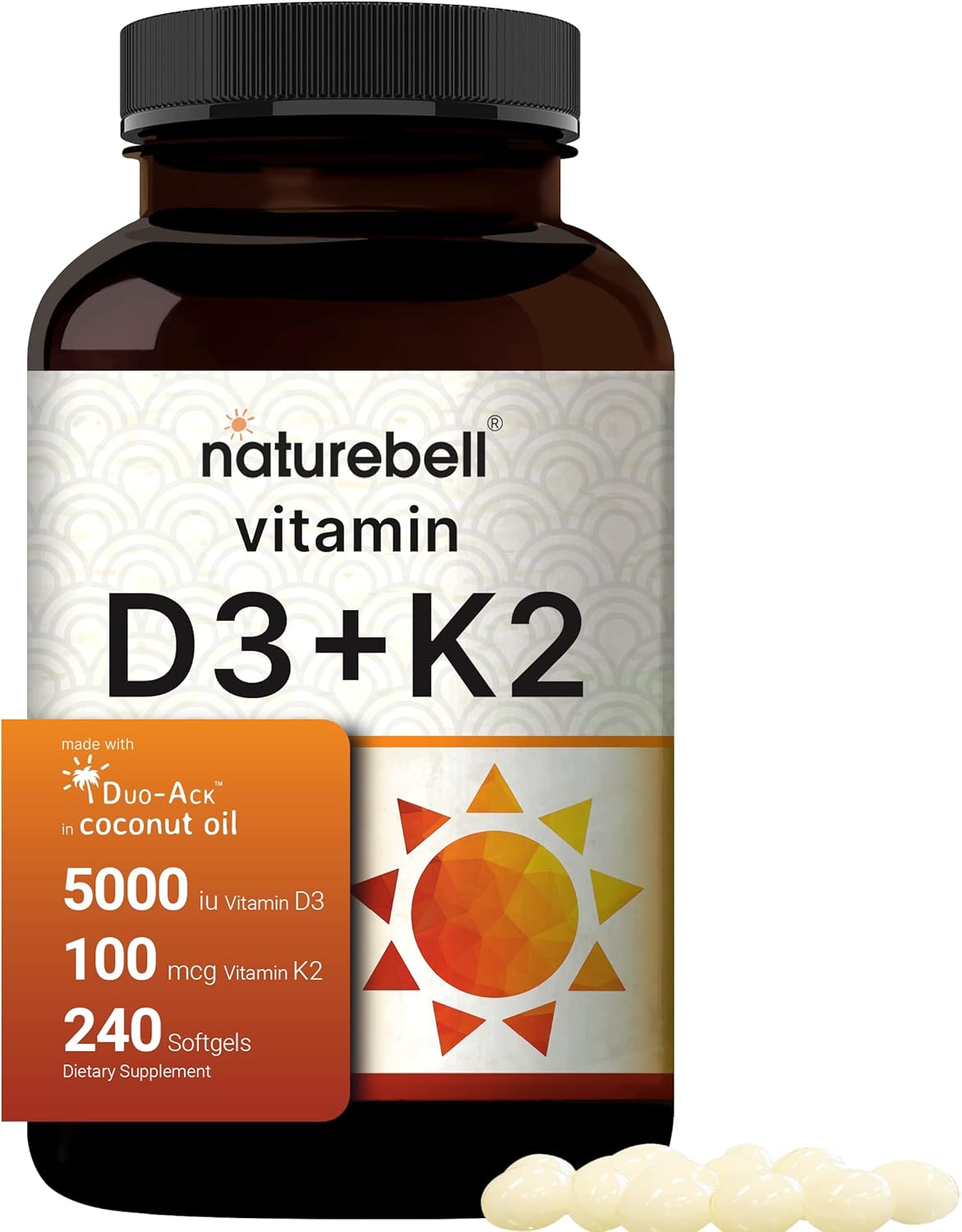 240 Softgels NatureBell Vitamin D3 5000 K2 (MK7) with Virgin Coconut Oil | 100mcg | Third Party Tested | Non GMO & Gluten Free | 8 Month Supply