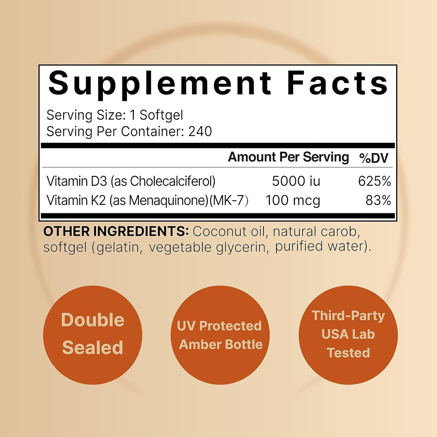 240 Softgels NatureBell Vitamin D3 5000 K2 (MK7) with Virgin Coconut Oil | 100mcg | Third Party Tested | Non GMO & Gluten Free | 8 Month Supply