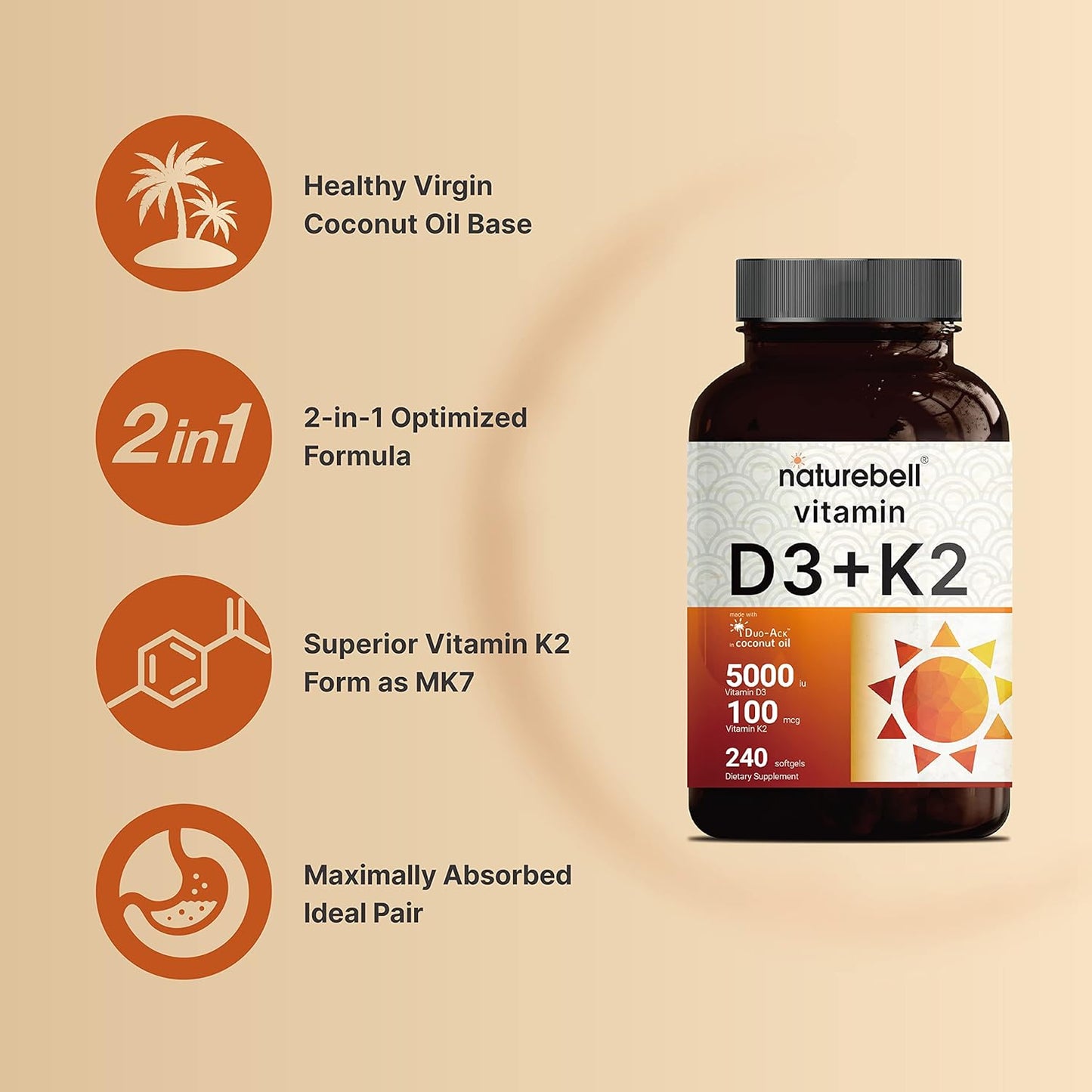 240 Softgels NatureBell Vitamin D3 5000 K2 (MK7) with Virgin Coconut Oil | 100mcg | Third Party Tested | Non GMO & Gluten Free | 8 Month Supply