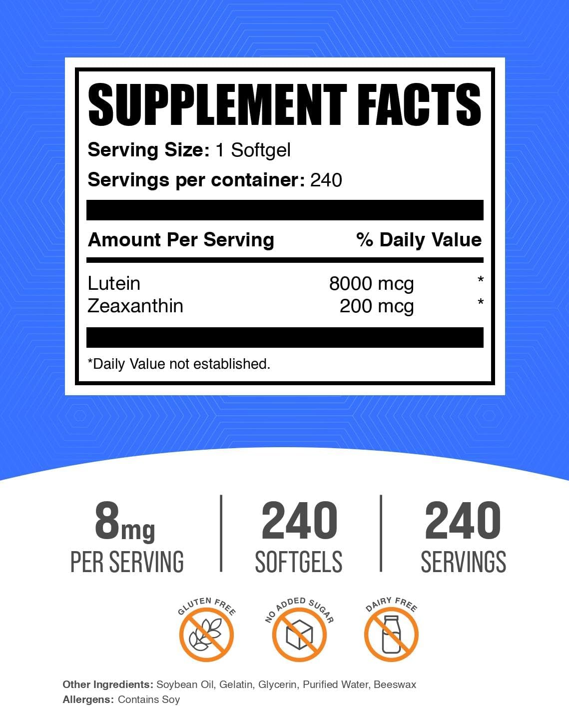 240 Softgels of Lutein and Zeaxanthin Supplements, Eye Vitamins - Gluten Free Softgels with Zeaxanthin and Lutein