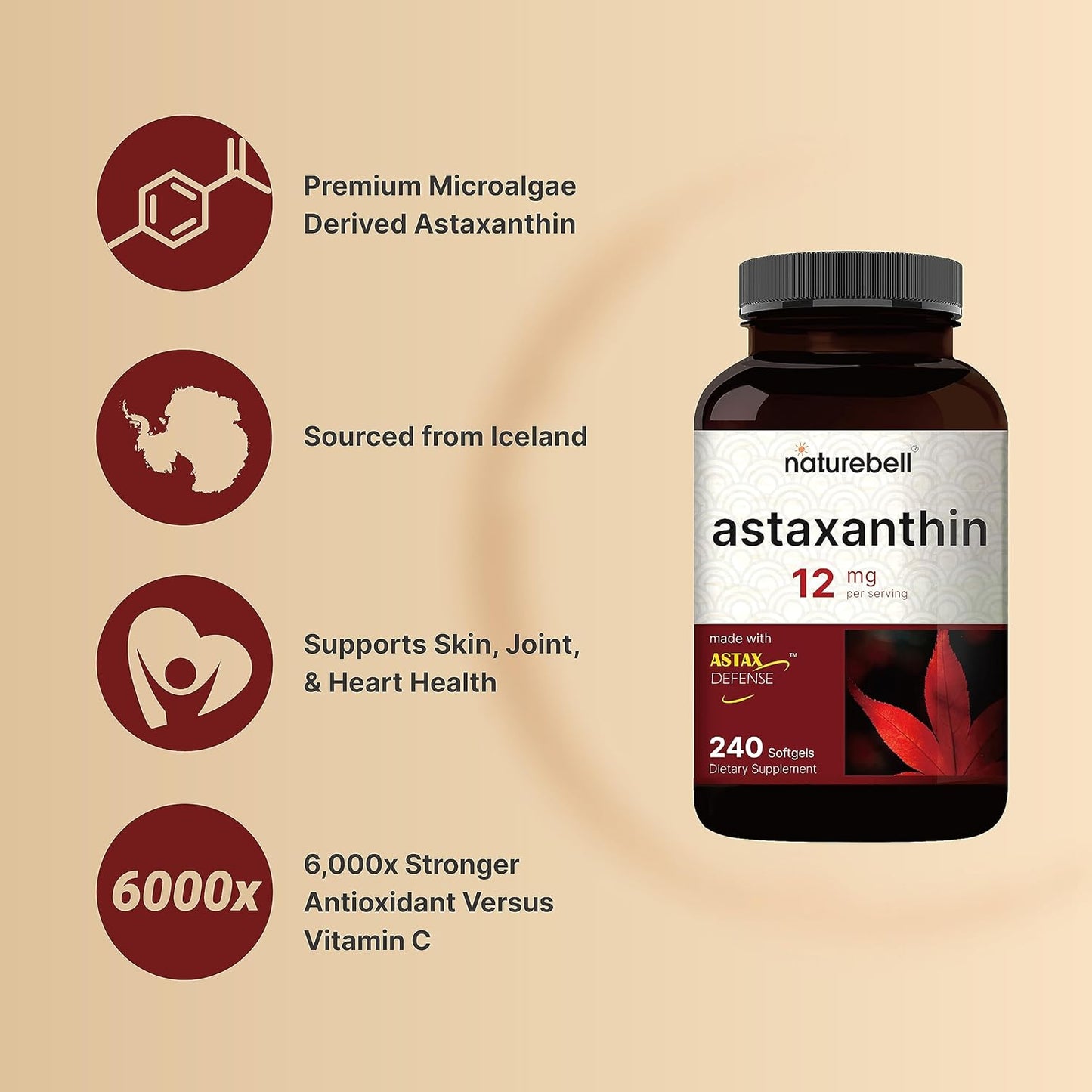 240 Softgels of NatureBell Astaxanthin 12mg - Natural Antioxidant for Skin & Eye Health - Non-GMO, Gluten-Free - 4 Month Supply of Max Strength Astax from MicroAlgae