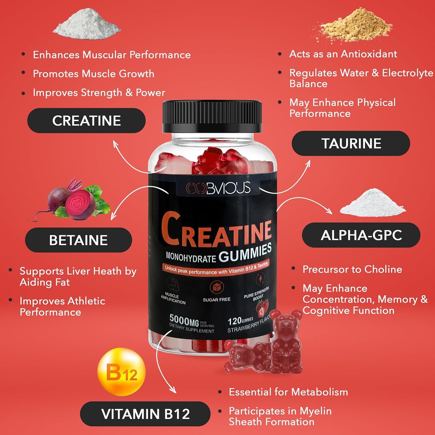 240 Sugar-Free Creatine Monohydrate Gummies for Men & Women - 5g Pre-Workout Gummy with L-Taurine, Betaine Anhydrous, Alpha GPC, Vitamin B12 - Muscle Strength & Energy Boost - Chewable (2 Pack)