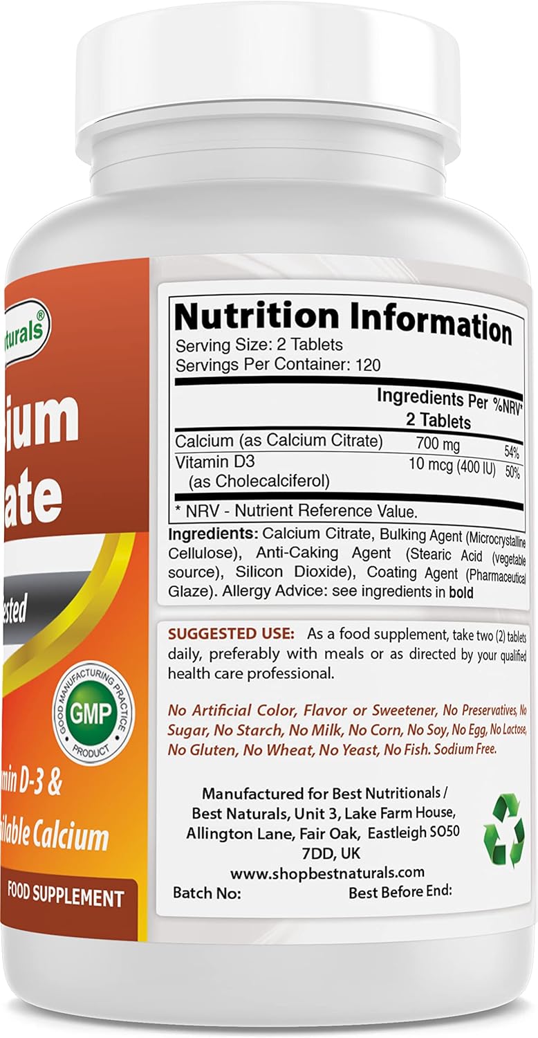 240 Tablets Best Naturals Calcium Citrate with Vitamin D-3 for Bone Health