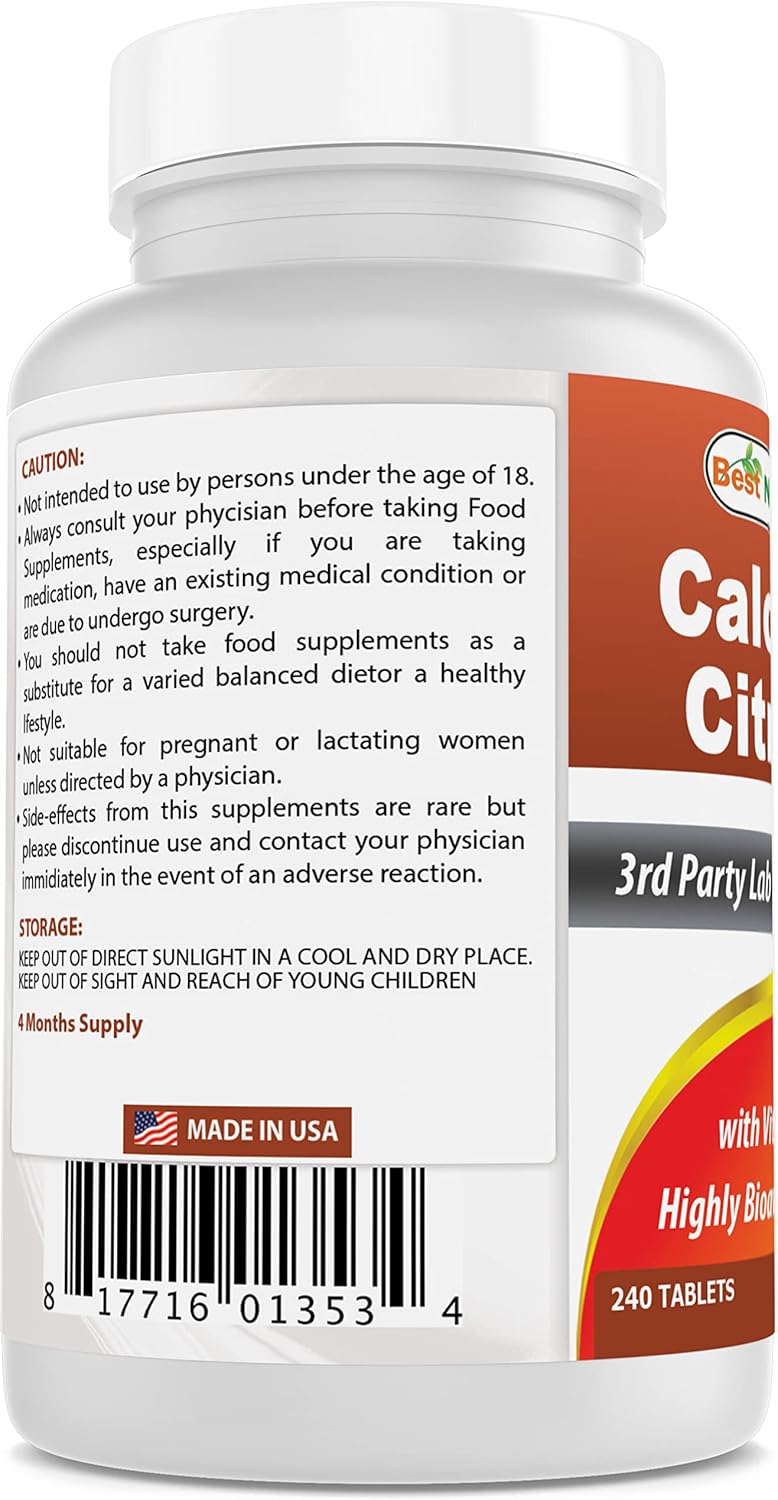 240 Tablets Best Naturals Calcium Citrate with Vitamin D-3 for Bone Health