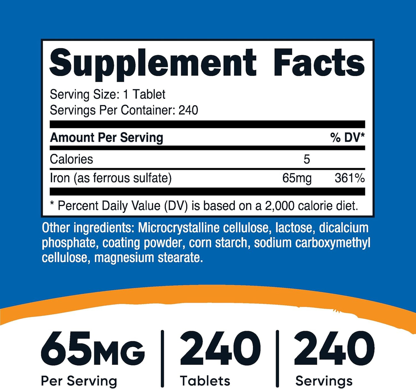 240 Tablets of Nutricost Iron (Ferrous Sulfate) 65mg - Non-GMO & Gluten Free