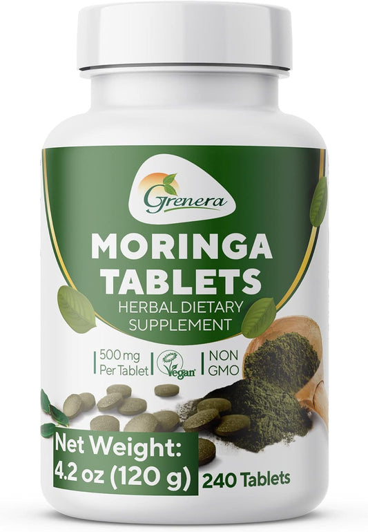 240 Uncoated Grenera Moringa Tablets - Pure Malunggay Herbal Supplement, Green Superfood, Lab Tested for Purity, No Chemical Coating