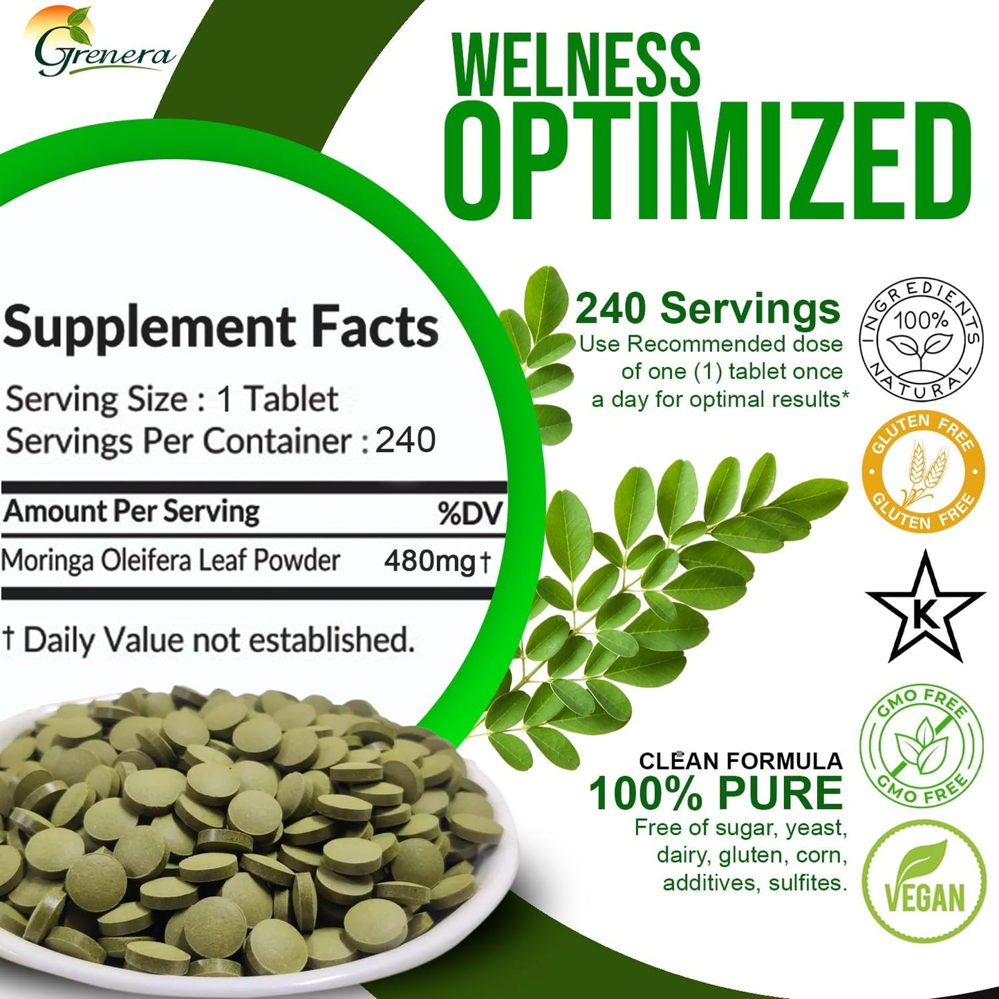 240 Uncoated Grenera Moringa Tablets - Pure Malunggay Herbal Supplement, Green Superfood, Lab Tested for Purity, No Chemical Coating