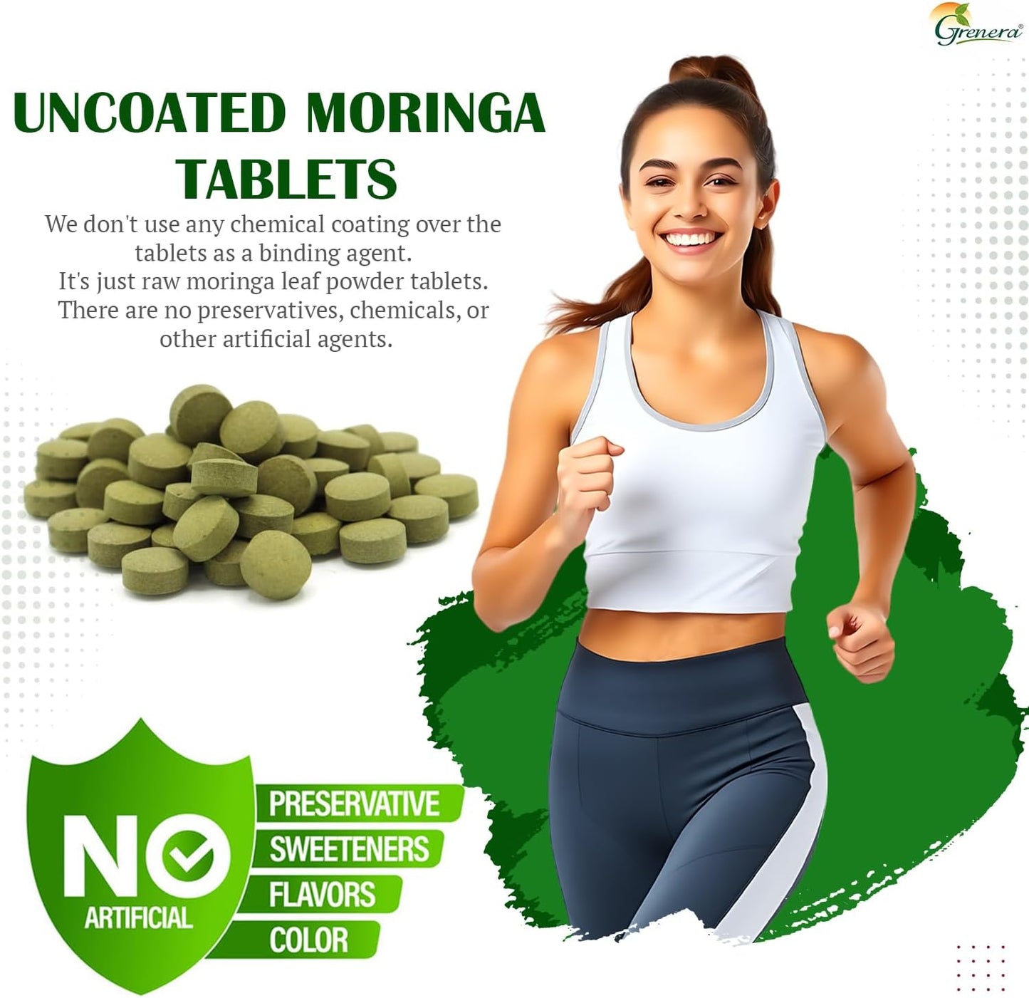 240 Uncoated Grenera Moringa Tablets - Pure Malunggay Herbal Supplement, Green Superfood, Lab Tested for Purity, No Chemical Coating