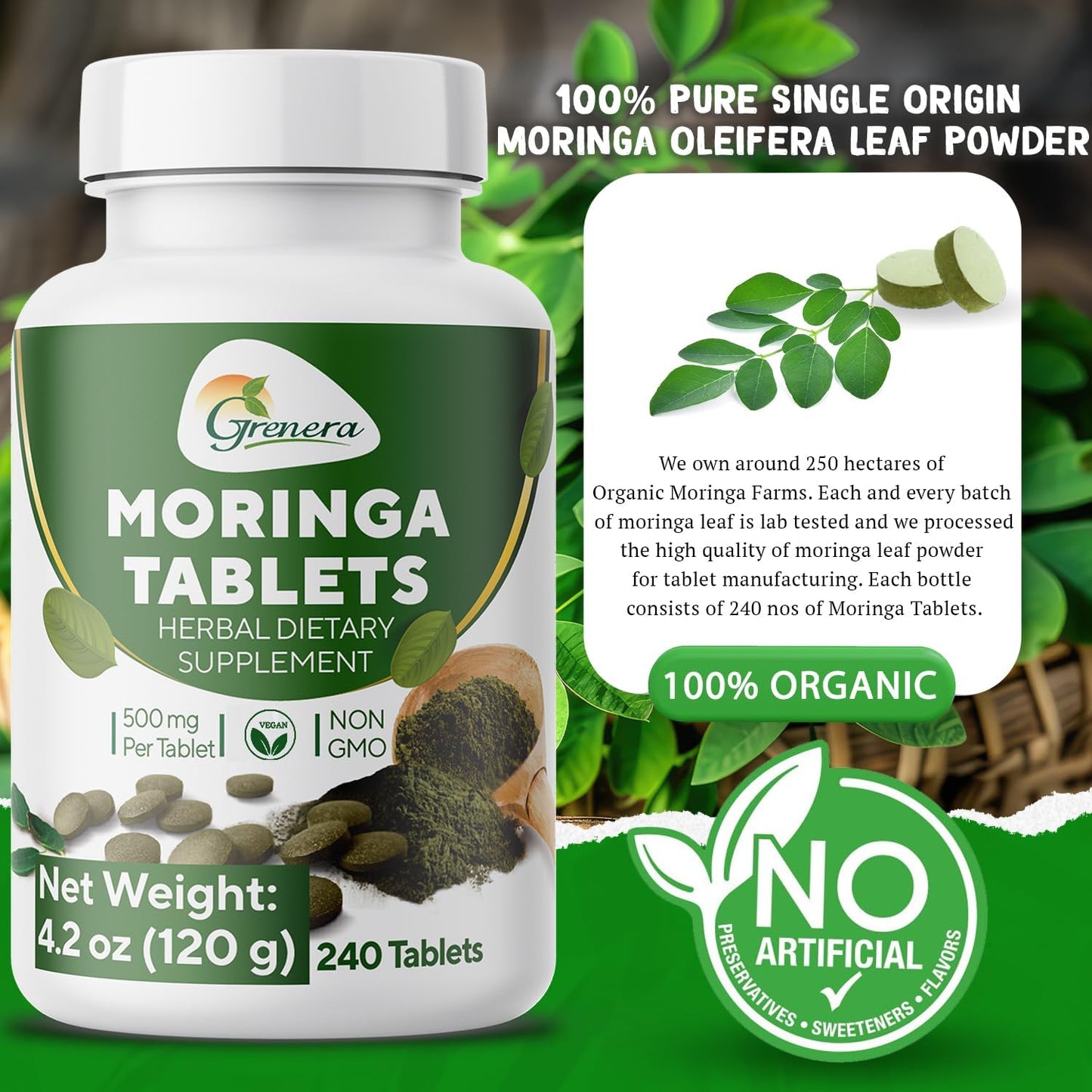 240 Uncoated Grenera Moringa Tablets - Pure Malunggay Herbal Supplement, Green Superfood, Lab Tested for Purity, No Chemical Coating