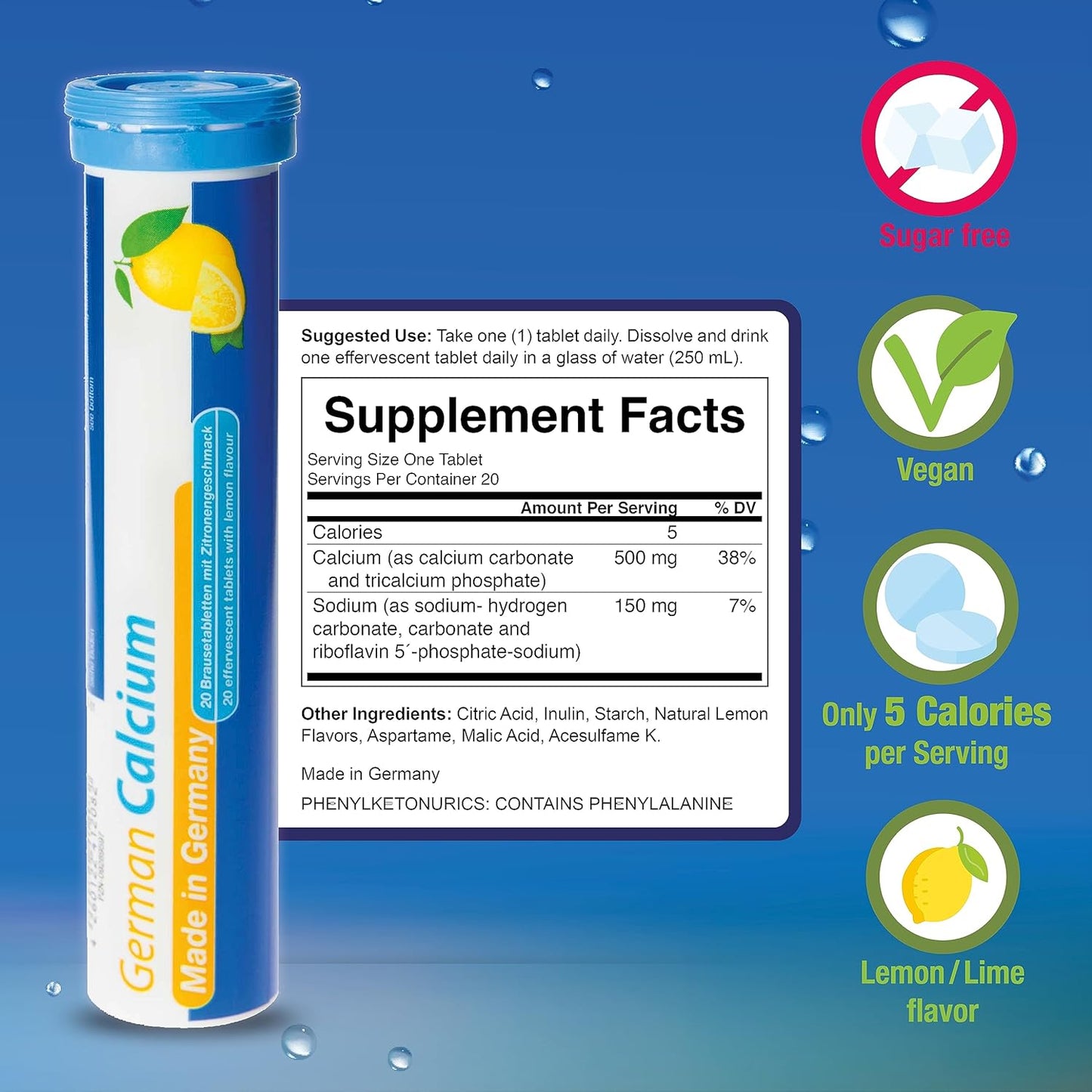 240 Vegan Lemon Lime Calcium Effervescent Tablets - 500 mg - Made in Germany