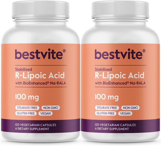 240 Vegetarian Capsules of Bestvite R-Lipoic Acid 100mg with Bio-Enhanced® Na-RLA - Vegan, Non-GMO, Gluten Free - Pack of 2 (120 Capsules Each)