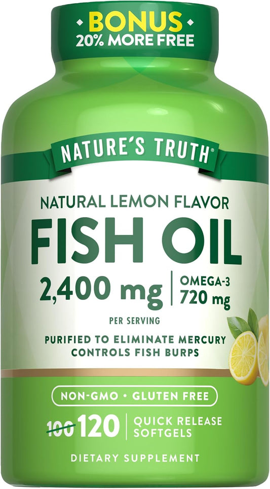 2400mg Fish Oil Softgels with 720mg Omega 3 - Burpless Lemon Flavor - Non-GMO & Gluten Free - 120 Quick Release Pills